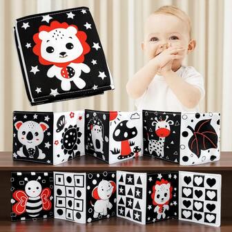 My First Black And White High Contrast Soft Book For Baby, Infant Tummy Time Cloth Book Toys, Black And White Baby Cards, Folding Educational Activity Cloth Book Suitable For Boys Girls Toddler