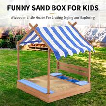 Wooden SandBoxes With Roof, Outdoor Sand Box Play W/Canopy For Backyard Garden Beach, Sand Pit For Beach Patio Outdoor, [Adjustable Cover & Funnel & Drawing Board] - 深木色 - 查看 8