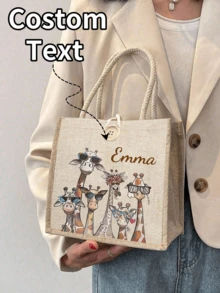 1 Pc Personalized Giraffe Pattern Custom Burlap Tote Bag, Large Capacity Printed Tote Bag, Personalized Gift Bag, Gift Bag Women Large Capacity Tote Bag Graduation Gift Letter Printed Fashion Tote Bag, School Gift, Lightweight Shopping Bag, Gift Colorful Pattern Tote Bag For Personal Use Or As A Gift Bag Women, Business Casual