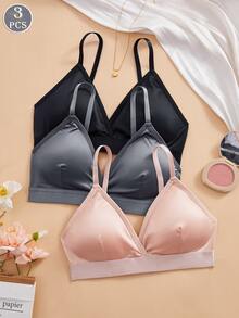 3件套女士夏季法式三角杯真丝文胸，无钢圈，可拆卸胸垫，可调节肩带，休闲简约，日常百搭纯色深V文胸 - 彩色 - 查看 2