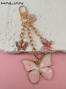 HAILIAN 合金材质制作的金属链条包包吊坠，蝴蝶图案，渐变蝴蝶，珍珠蝴蝶，镶钻蝴蝶，可作为包包吊坠，汽车钥匙扣，生日节日礼物 - 粉色 - 查看 4