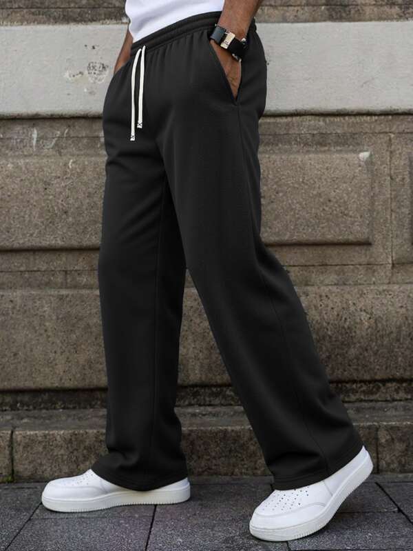 Men's Solid Color Fleece Casual Pants For Autumn/Winter, With Adjustable Drawstring Waistband, Suitable For Gym, Machine Washable, Solid Color Design, Comfortable Fit, Elastic Waist, Ideal Gift For Outdoor Hiking Enthusiasts