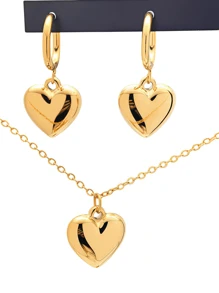 2 件 18K 镀金不锈钢厚心形耳环和吊坠套装，优雅金色珠宝礼物，波西米亚风格 - 金色 - 查看 9
