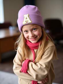 1 Pieza Gorro de Punto para Niños con Patrón de 26 Letras, Gorro de Punto de unicolor, Sombreros para Niñas, Gorros Cálidos para Exteriores, Otoño/Invierno