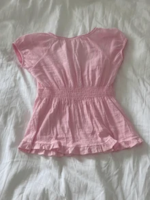 Women Y2k Fairycore Babydoll Shirt Top Plaid/Solid Color Lace Trim V-Neck Short Sleeve Button Front Ruffle Hem Gingham T Shirts Crop Tops Teen Girls Grunge Going Out Tunic Tops Cute Flowy Tee Vintage Aesthetic Clothes Casual Daily Streetwear - Màu Hồng Tươi - Xem 8