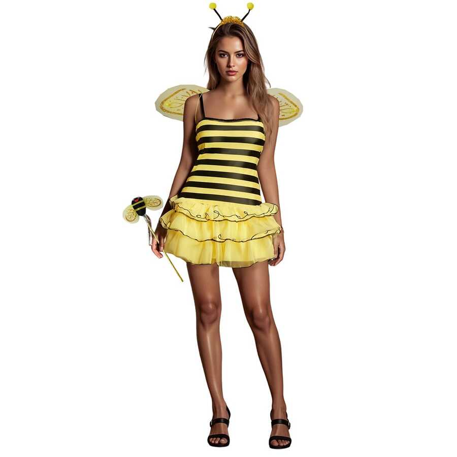 Women Halloween Insect Costumes Cute Bee Ladybug Dress And Wings Headband Set For Christmas Cosplay Party Outfits - 黃色 - 查看 1