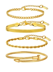 5 pezzi Braccialetto delicato da donna in acciaio inossidabile placcato oro 18K, stile da festa, regalo, adatto per Ognissanti, Natale, gioielleria da donna, braccialetto impilato color oro