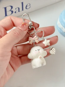 1 件可爱植绒熊手机挂饰、少女蝴蝶结卡通动物包包吊坠配饰、钥匙扣 - 彩色 - 查看 3