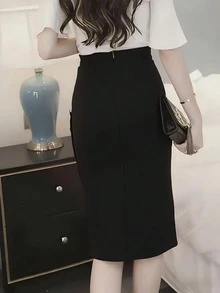 Chân váy bút chì cạp cao cài cúc bên hông thanh lịch, thích hợp cho dịp Giáng sinh, Thu/Đông, Xuân. - màu đen - Xem 3