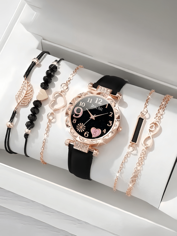 6pcs/Set Quartz Starry Sky Embellish Dial PU Leather Strap Watch And Rope Threading Black Bead Love Bracelet Black Geometric Square Figure Ba Element Leaf 5 Piece Set Of Bazi, Love, Geometric Square, Leaf Suitable For Daily Wear Casual, Simple And Elegant The Best Choice For Halloween, Christmas, Valentine's Day, Mother's Day, Holiday Gifts