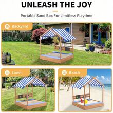 Wooden SandBoxes With Roof, Outdoor Sand Box Play W/Canopy For Backyard Garden Beach, Sand Pit For Beach Patio Outdoor, [Adjustable Cover & Funnel & Drawing Board] - 深木色 - 查看 7