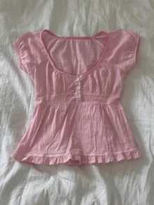 Women Y2k Fairycore Babydoll Shirt Top Plaid/Solid Color Lace Trim V-Neck Short Sleeve Button Front Ruffle Hem Gingham T Shirts Crop Tops Teen Girls Grunge Going Out Tunic Tops Cute Flowy Tee Vintage Aesthetic Clothes Casual Daily Streetwear - Màu Hồng Tươi - Xem 7