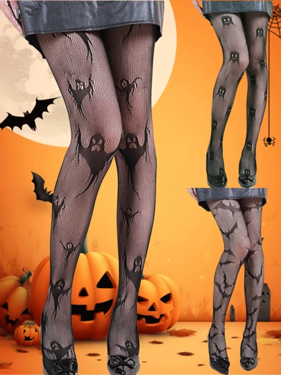 1 双黑色万圣节渔网袜，薄款蝙蝠蕾丝镂空网眼连裤袜，适合女士，深色哥特风格，透气透明紧身丝袜，适合骷髅节、JK 连体裤