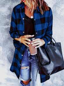 Plus Size Women Casual Plaid Long Sleeve Shirt - Blue - View 3