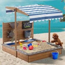 Wooden SandBoxes With Roof, Outdoor Sand Box Play W/Canopy For Backyard Garden Beach, Sand Pit For Beach Patio Outdoor, [Adjustable Cover & Funnel & Drawing Board] - 原木色 - 查看 2