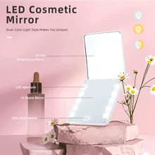 Espejo de maquillaje portátil LED mini con marco de dos tonos esmerilado y tres colores ajustables. Este espejo de maquillaje de mano para viajes es la opción perfecta para las chicas que quieren llevar un espejo de belleza con ellas cuando salen.