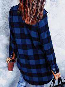 Plus Size Women Casual Plaid Long Sleeve Shirt - Blue - View 2