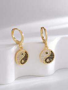 18K Gold Plated Tai Chi Charm Hoop Earrings Gold Dangle Charms Earrings Cubic Zirconia Drop Earrings Lever Back JEWELRY Gift For Her - Vàng - Xem 1