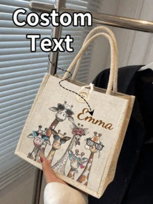 1 Pc Personalized Giraffe Pattern Custom Burlap Tote Bag, Large Capacity Printed Tote Bag, Personalized Gift Bag, Gift Bag Women Large Capacity Tote Bag Graduation Gift Letter Printed Fashion Tote Bag, School Gift, Lightweight Shopping Bag, Gift Colorful Pattern Tote Bag For Personal Use Or As A Gift Bag Women, Business Casual