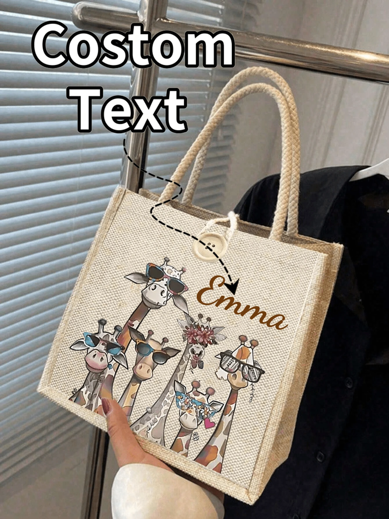 1 Pc Personalized Giraffe Pattern Custom Burlap Tote Bag, Large Capacity Printed Tote Bag, Personalized Gift Bag, Gift Bag Women Large Capacity Tote Bag Graduation Gift Letter Printed Fashion Tote Bag, School Gift, Lightweight Shopping Bag, Gift Colorful Pattern Tote Bag For Personal Use Or As A Gift Bag Women, Business Casual