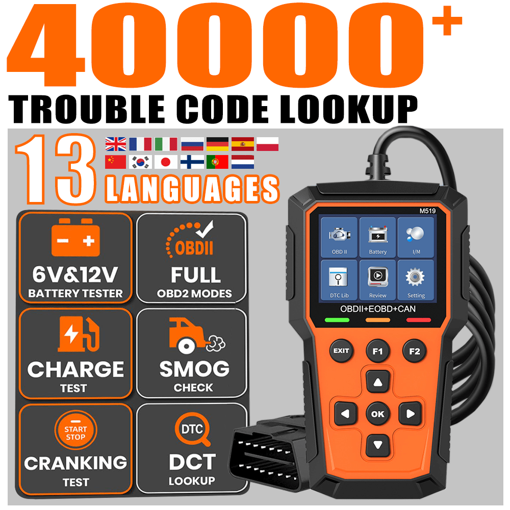 أداة فحص تشخيصية OBD2 بشاشة LCD متعددة اللغات (13 لغة)، يمكن قراءة أكثر من 40,000 رمز خطأ، قارئ أكواد الخطأ في المحرك، متوافق مع جميع المركبات والشاحنات التي تعمل بنظام OBD2، يتضمن جاهزية I/M، اختبار البطارية، قراءة وحذف الأكواد، وجميع وظائف OBD2