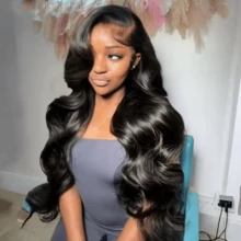 MECRY 34英寸 200%密度 13*6蕾丝前假发 - 自然黑色波波头假发 8-36英寸 - 巴西原生高清透明蕾丝前假发，无需胶水，混合发丝，逼真发际线 - 混合发丝，由真人发、合成纤维和蛋白质纤维制成 - 无需胶水，无需技巧，真人发，自然中分波浪假发 - 适合所有人，佩戴方便 - 自然色&黑色系 - 查看 4