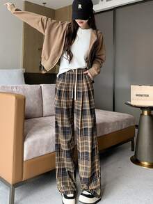 Las mujeres de primavera y otoño nuevo casual perezoso pantalones de pierna ancha cientos de pantalones de estilo retro americano molienda de lana a cuadros sueltos pantalones - Amarillo - Ver 5