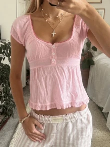Women Y2k Fairycore Babydoll Shirt Top Plaid/Solid Color Lace Trim V-Neck Short Sleeve Button Front Ruffle Hem Gingham T Shirts Crop Tops Teen Girls Grunge Going Out Tunic Tops Cute Flowy Tee Vintage Aesthetic Clothes Casual Daily Streetwear - Màu Hồng Tươi - Xem 5