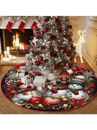 1 Pc Christmas Tree Skirt With Snowman Design - Round Woven Polyester Tree Mat For Holiday And Themed Party Decorations, Perfect For Home, Office And Room Holiday Decorations, Traditional Christmas Tree Mat, Scene Decorations, Holiday Atmosphere Decorations, Home Office Decorations, Christmas Gifts, Themed Party Decorations, Christmas Decorations, Christmas Tree Decorations