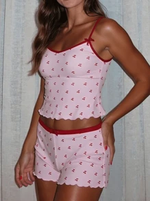 Lounge Sets For Women, Cherry Fruit Print Cami Top & Shorts Set, Casual And Comfortable Summer Pajama , Outfits