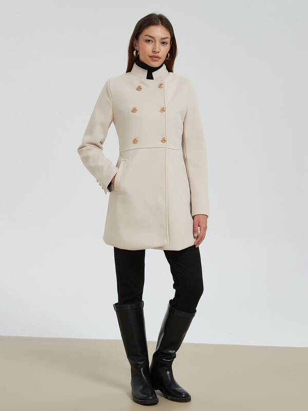 Casaco de lã trespassado de inverno – Jaqueta elegante de gola alta e comprimento longo com bolsos para mulheres