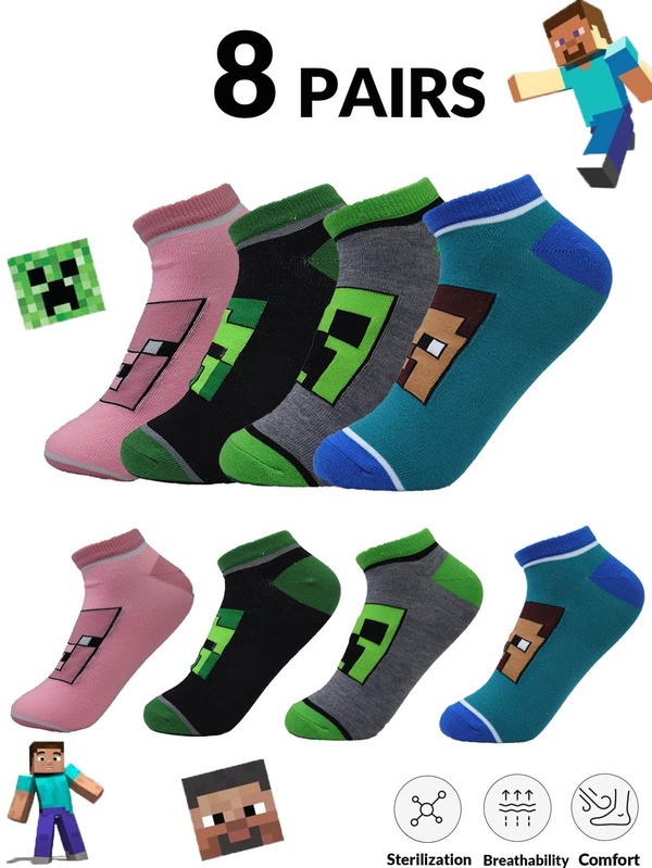  Minecraft 8/4/1 Pair Set Minecraft Men's Socks - Men's Ankle Socks, Lightweight, Comfortable And Stylish Ankle Socks, Multi - Color Game - Themed Socks