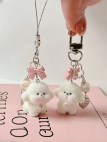 1 件可爱植绒熊手机挂饰、少女蝴蝶结卡通动物包包吊坠配饰、钥匙扣 - 彩色 - 查看 1