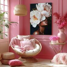 Elegant Black Art Painting African American Woman With Peony Head Surreal Floral Portrait Pink And White Flower Wall Art Gift - Framed, Vertical - 裱框畫布 - 查看 9