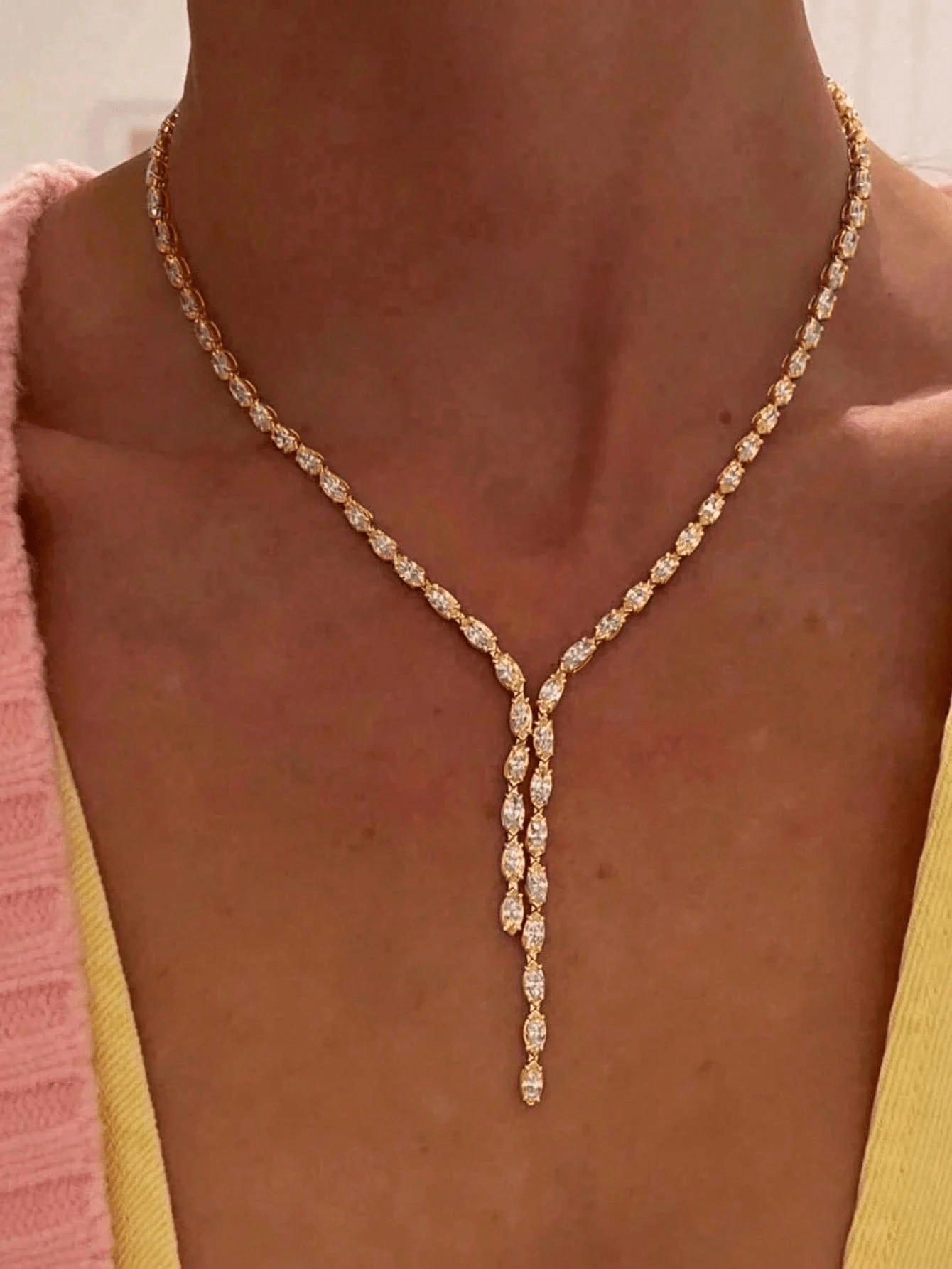 1件时尚优雅全水晶新娘首饰，闪亮单排钻石项链，女士 - 金色 - 查看 1