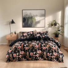 Black Floral Duvet Cover Set Full/Queen Comforter Cover Set 90"X90"Duvet Cover With Zipper Closure And 2 Pillow Shams Microfiber Soft Lightweight 3pcs Garden Farmhouse Plant Bedding Set - màu đen - Xem 1