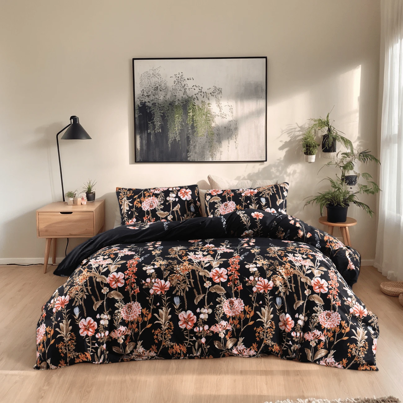Black Floral Duvet Cover Set Full/Queen Comforter Cover Set 90"X90"Duvet Cover With Zipper Closure And 2 Pillow Shams Microfiber Soft Lightweight 3pcs Garden Farmhouse Plant Bedding Set - màu đen - Xem 1