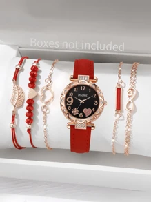 6 Stück/Set Quarz Sternenhimmel Zifferblatt Uhr mit PU Lederarmband und Seil mit schwarzen Perlen Liebe Armband, schwarze geometrische quadratische Figur, Blatt 5-teiliges Set, geeignet für den täglichen Lässig-Stil, einfach und elegant, die beste Wahl für Halloween, Weihnachten, Valentinstag, Muttertag, Urlaubsgeschenke