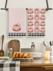 2pcs/4pcs/12pcs Pink Pumpkin Kitchen Towels, Thanksgiving Bathroom Decorative Towels, Thanksgiving Home Decor, Thanksgiving Kitchen Decor, Modern Style, Quick Dry, Super Soft Microfiber Material, Rectangular 40*60CM Digital Printing Pattern, Suitable For Autumn Kitchen Decor, Outdoor Party Decoration, Thanksgiving Holiday Gifts, Birthday Presents - Multicolor - View 1