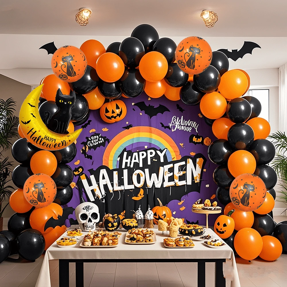 138pcs Halloween Party Balloon Wreath Arch Kit, 12/10/5-Inch Black, Orange Latex Balloons With Moon Kitten Aluminum Foil Balloons, Suitable For Halloween Decorations