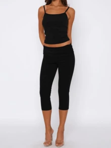 Fold Over Capri Leggings For Women Knee Length Gym Yoga Crop Pants Stretch Low Rise Athletic Bottoms - Black - View 6