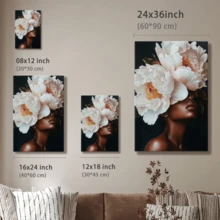 Elegant Black Art Painting African American Woman With Peony Head Surreal Floral Portrait Pink And White Flower Wall Art Gift - Framed, Vertical - 裱框畫布 - 查看 7