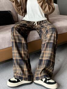 Las mujeres de primavera y otoño nuevo casual perezoso pantalones de pierna ancha cientos de pantalones de estilo retro americano molienda de lana a cuadros sueltos pantalones - Amarillo - Ver 3