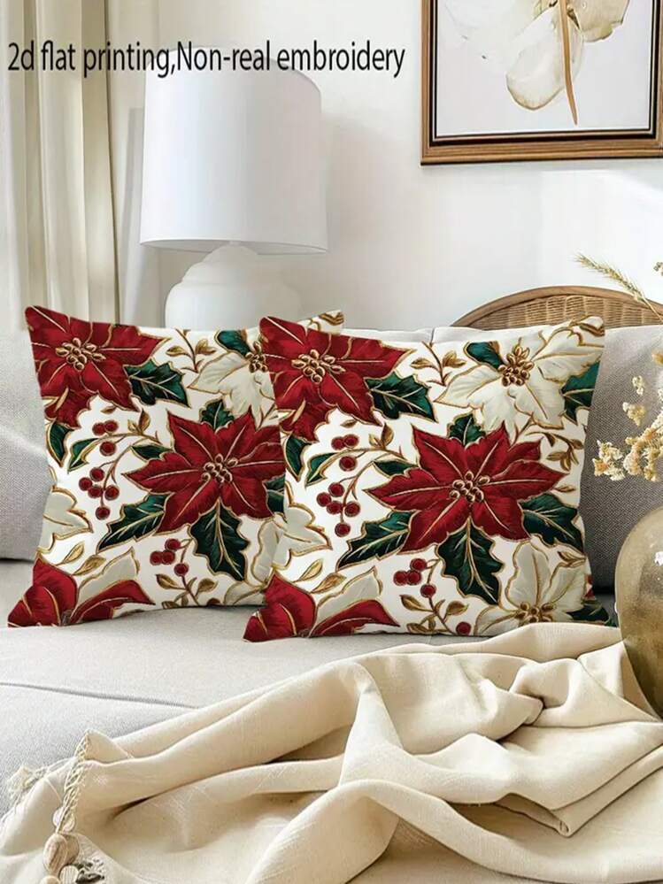 1/2/4枚 2Dフラットプリントクリスマスポインセチア クッションカバー