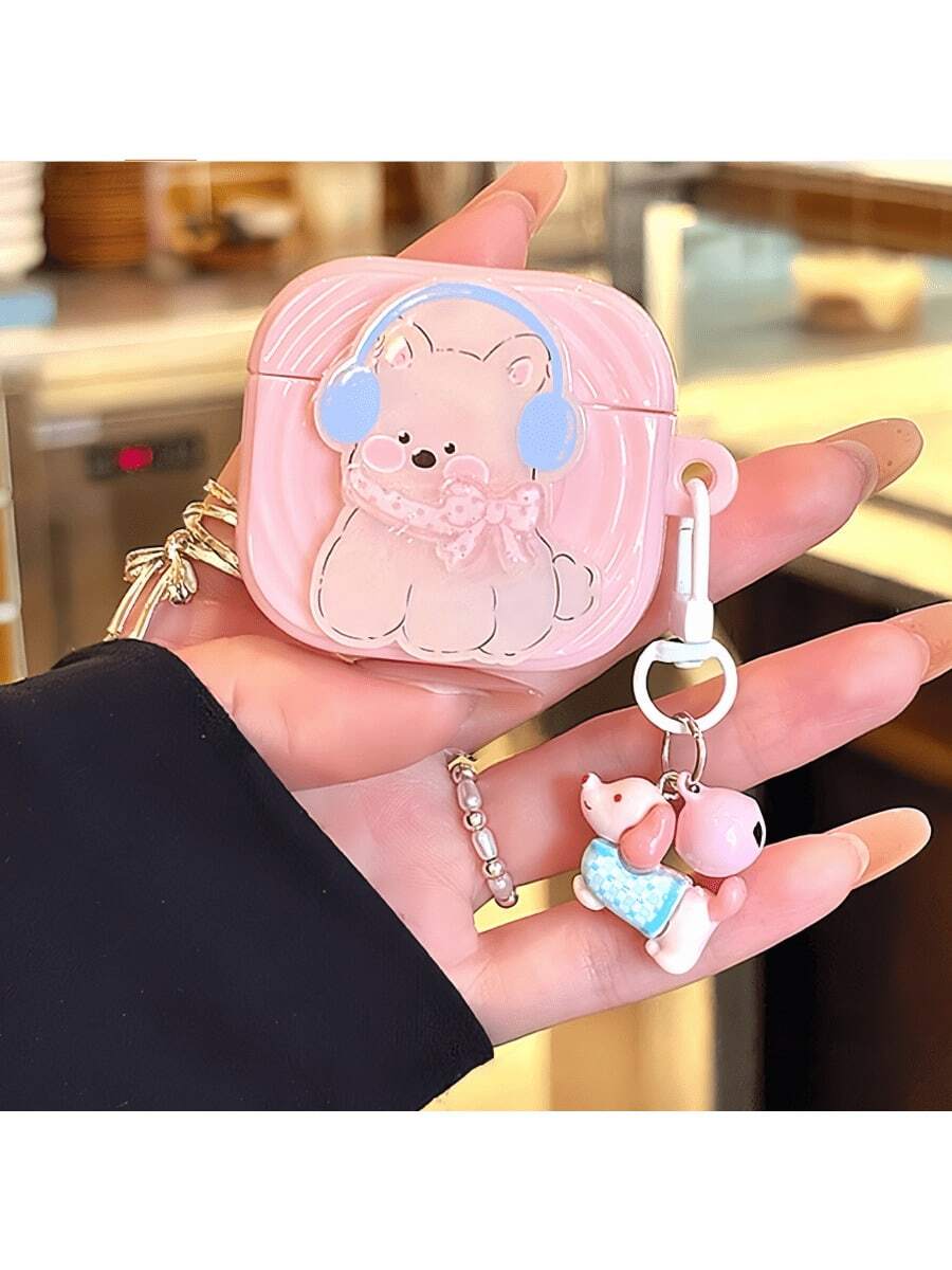 1 件蓝牙耳机盒，粉色卡通狗保护套 + 狗铃铛吊坠，适用于 Pro/Pro2/1/2/3/4 - 粉色 - 查看 1