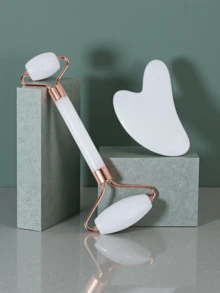 2 Pieces/Set Facial Beauty Massage Tool Set - Double-Head Massage Roller, Triangular Scraping Board, Roller Scraping Board, Body Scraping Massage Tool Set, Suitable For Body Face And Back - 白色 - 查看 2