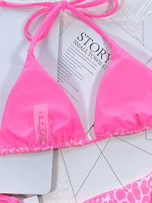 Europe & America Vacation Style Women's Sexy Tie Halter Pink Leopard Print Bikini Two-Piece Set - Multicolor - View 7