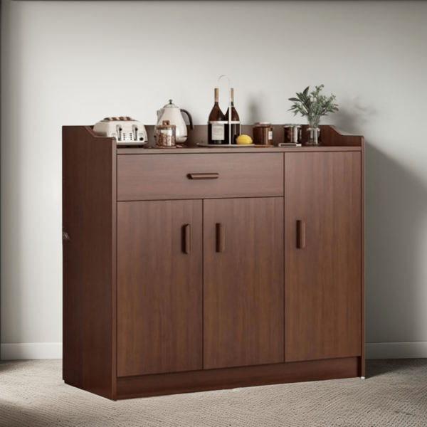 Aparador de cocina de nogal oscuro de tres puertas y un cajón, 90 x 36 x 100 cm.