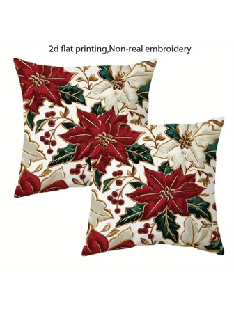 1/2/4pcs 2D Flat Printing Christmas Poinsettia Throw Pillow Covers, Non-Real Embroidery, Winter Holiday Decor Cushion Covers, 17.7x17.7in Zippered Comfortable Polyester Decor Pillowcases, For Porch Patio Couch Sofa Living Room, Without Pillow Inserts, 2D Flat