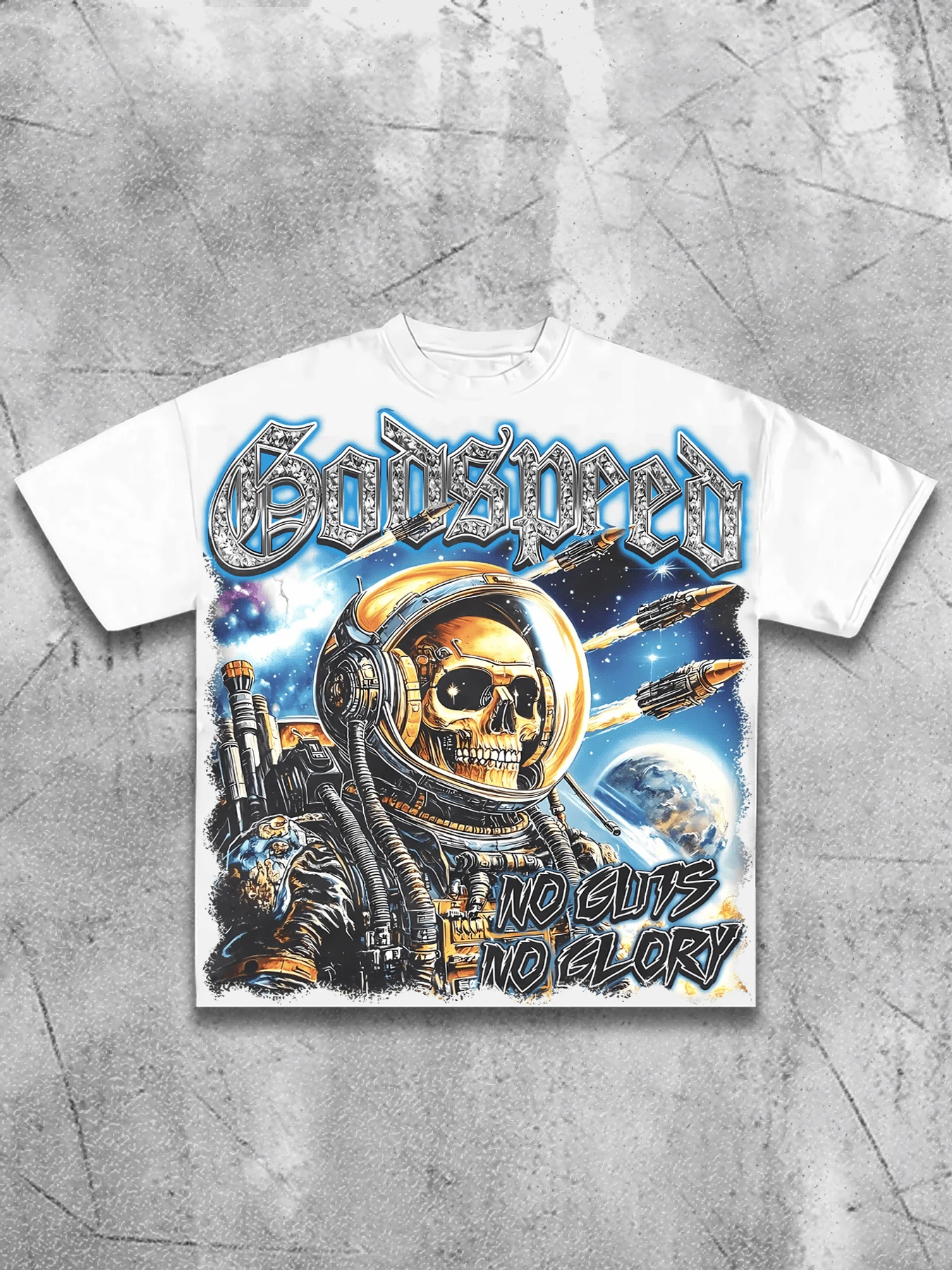 (220 Cotton T-Shirt)Men's Y2K Science Fiction Skull Astronaut Tee - "NO GUTS NO GLORY"  Design  Graphic T Shirt, Loose Cotton Tee,Suitable For Young Men And Women To Wear For Casual. - 白色 - 查看 1